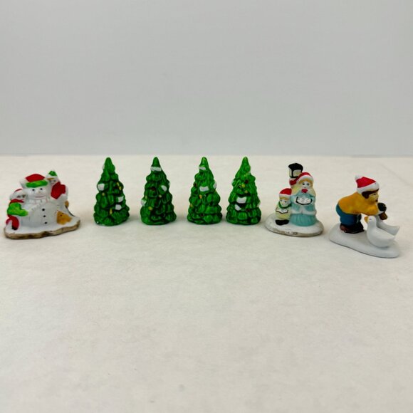 Vintage Christmas Village Accessories Ceramic Trees Children Figurines Set 7 pcs - Picture 1 of 16